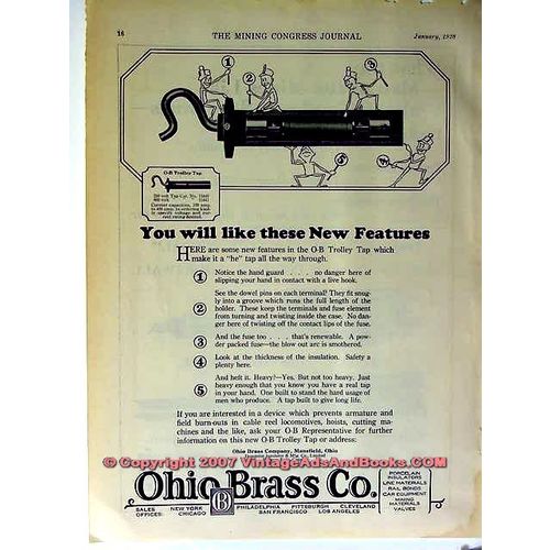 OHIO BRASS COMPANY 1928 New Features O-B Trolley Tap vintage ad