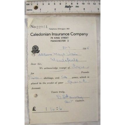 1945 receipt Caledonian Insurance, Macclesfield