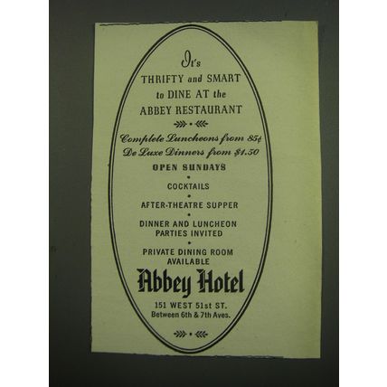 1949 Abbey Hotel Ad - It's thrifty and smart to dine at the Abbey Restaurant