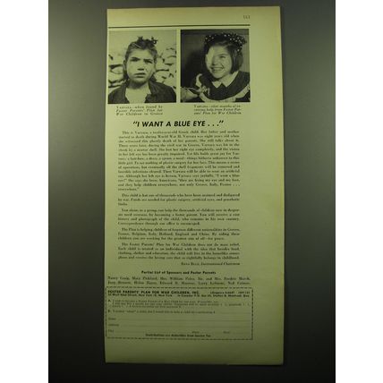 1950 Foster Parents' Plan for War Children, Inc. Ad - I want a Blue Eye