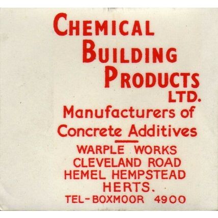 c1950s Chemical Building Products Hemel Hempstead waterslip transfer label