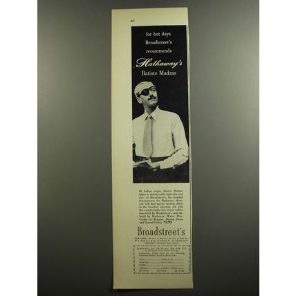 1952 Broadstreet's Hathaway Shirts Ad - For hot days Broadstreet's recommends