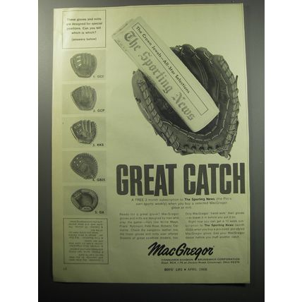 1968 MacGregor Baseball Gloves Ad - Great Catch!