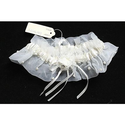 Cream Organza & Ribbon Wedding Garter Decorated with Faux Pearls