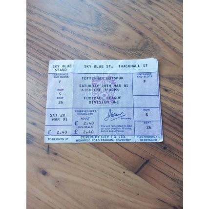 1980/81 Division 1 UNUSED / COMPLETE Ticket - Coventry City vs Tottenham / Spurs