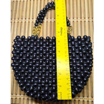 Jana Wood Black/Brown Bead SM 7.5" x 5.5" Handbag Made in Japan Dress Purse