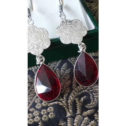 Vintage 1990-s 925 Sterling Silver Garnet Large Earrings - Hallmarked