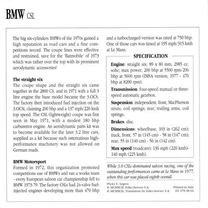 Collectors Club card. Classic Cars. BMW CSL