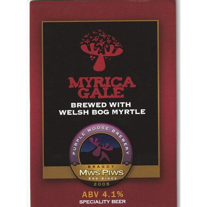 UNUSED PUMP CLIP FRONT - PURPLE MOOSE BREWERY (WALES) - MYRICA GALE (A)
