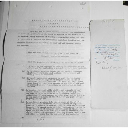 1913 "Missoula Amusement Company" Articles of Incorporation. Original documents.