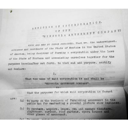 1913 "Missoula Amusement Company" Articles of Incorporation. Original documents.