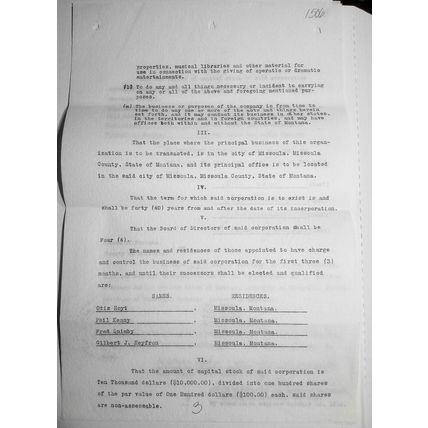 1913 "Missoula Amusement Company" Articles of Incorporation. Original documents.