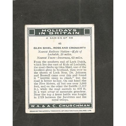 Churchman Holidays in Britain Map 1937 Wales #46 Glen Shiel Ross & Cromarty