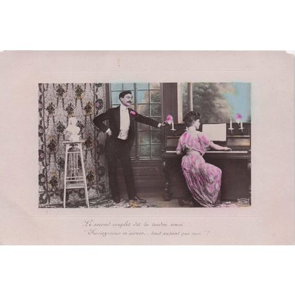 Lady Playing Romantic Piano By Old Bust StatueFrench Secret Code Lovers RPC Old
