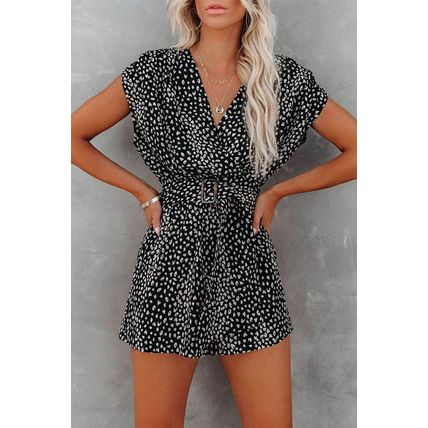 Black Leopard Print Belted V Neck Short Sleeve Romper