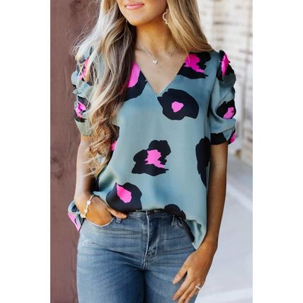 Sky Blue Ruched Short Sleeve Leopard Print Blouse
