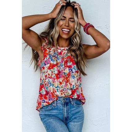 Red Frilled Neck Pleated Boho Floral Tank Top