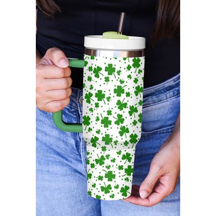 Dark Green Clover Print Thermos Cup with Handle 1200ml