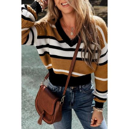 Brown Stripe Contrast Stripes V Neck Textured Knit Sweater