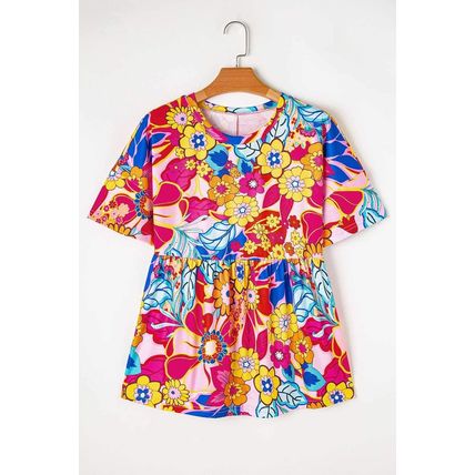 Rose Floral Print Short Sleeve Pleated Babydoll Top