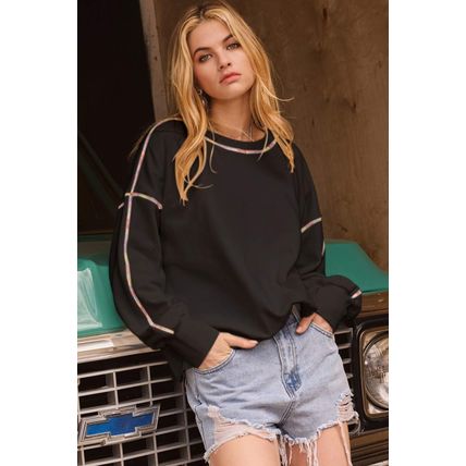 Black Contrast Rainbow Trim Drop Shoulder Pullover Sweatshirt