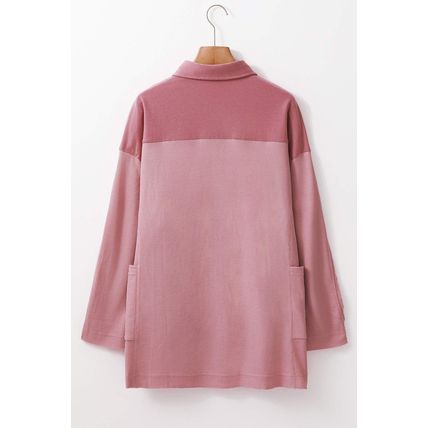 Pink Waffle Long Sleeve Collar Half Button Loose Top