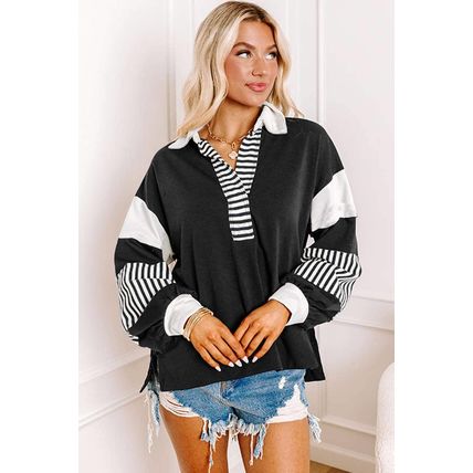 Black Striped Colorblock Patchwork Collar Sweatshirt