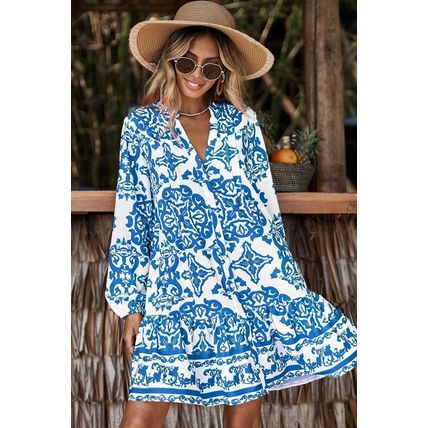Sky Blue Tribal Print Button Up Notch Neck Loose Mini Dress