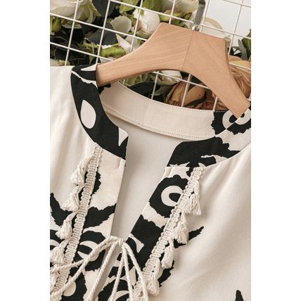 Beige Western Pattern Print Tasseled Notch V Neck Mini Dress