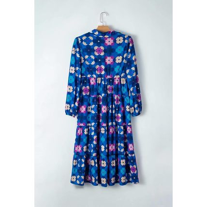 Blue Floral Peasant Sleeve Tiered Ruffle Midi Dress