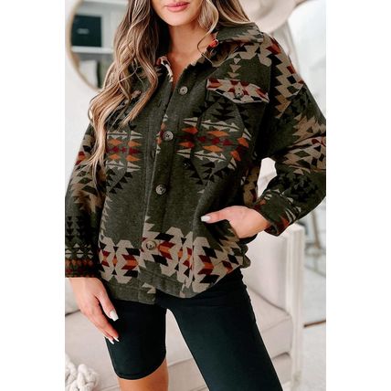 Green Aztec Print Flap Pockets Long Sleeve Shacket
