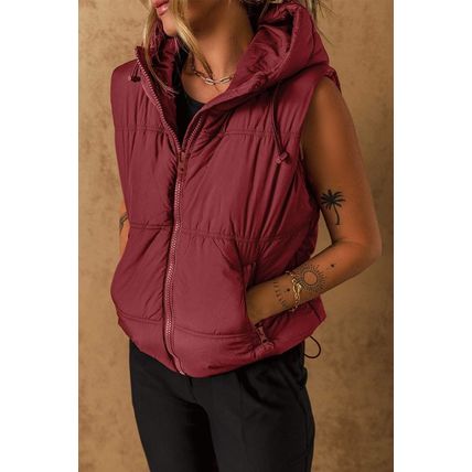 Clay Zip-up Side Pockets Hooded Puffer Vest