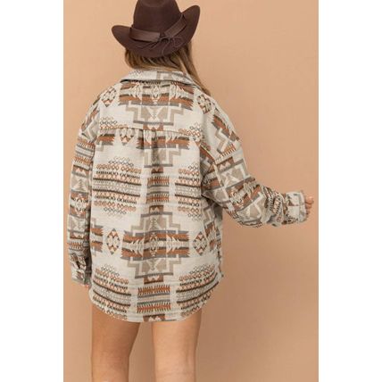 White Aztec Geometric Print Pockets Plus Size Jacket