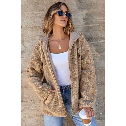 Pale Khaki Fleece Zip Up Drawstring Hooded Pocketed Jacket