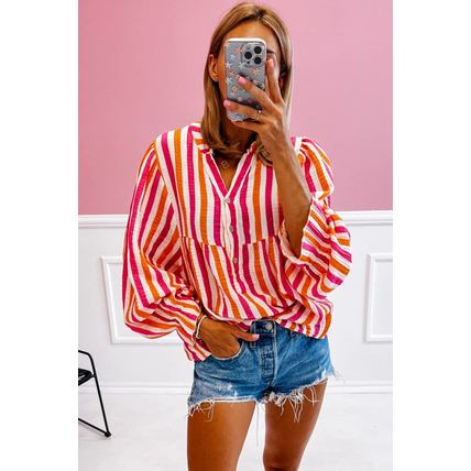 Orange Stripe Balloon Sleeve Notched V Neck Buttoned Front Blouse