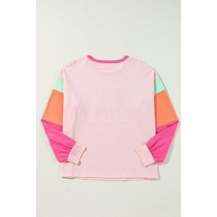 Pink Christmas Sequin Nutcracker Graphic Colorblock Long Sleeve Top
