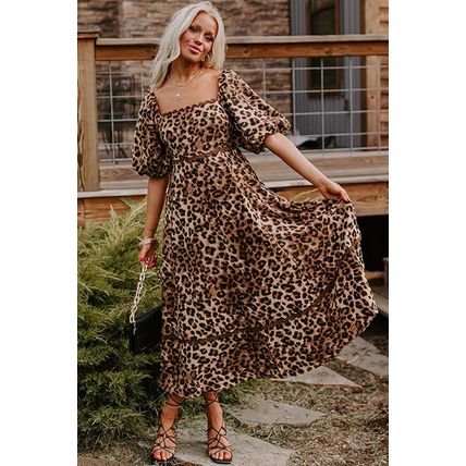 Brown Leopard Print Bubble Sleeve Square Neck Maxi Dress