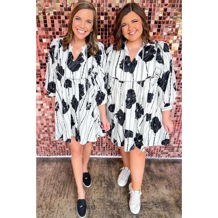Black Plus Size Floral 3/4 Puff Sleeve Lace-up Neck Mini Dress