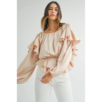 Oatmeal Lace-up Keyhole Back Ruffled Peplum Blouse