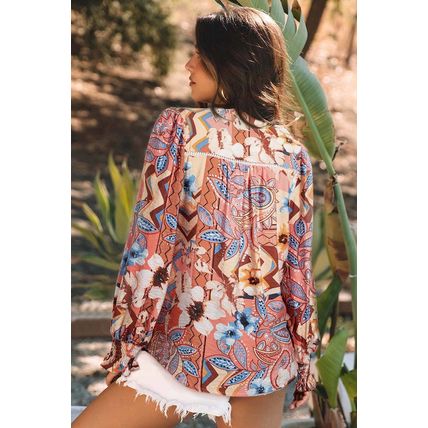 Orange Floral Print Shirred Cuff Buttoned Loose Shirt
