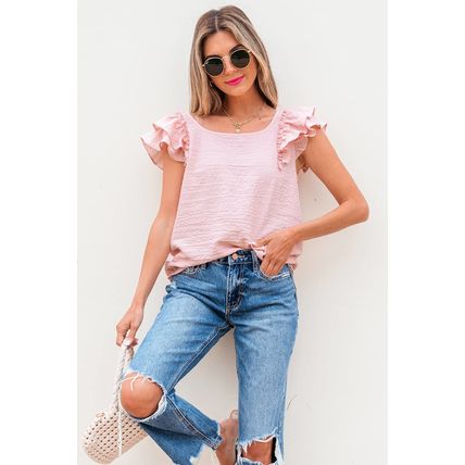 Gossamer Pink Textured Bow Knot Frilled Butterfly Sleeve Blouse