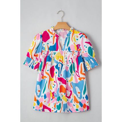 Multicolour Abstract Print Lace Detail Shirred Short Sleeve Split Neck Blouse