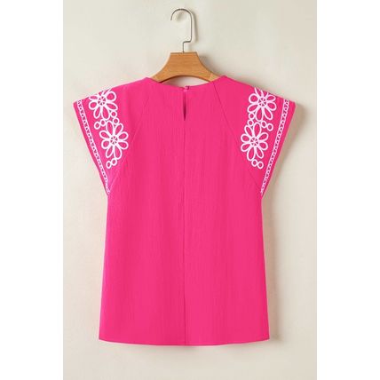 Sachet Pink Floral Embroidered Flutter Sleeve Pleated Neck Blouse