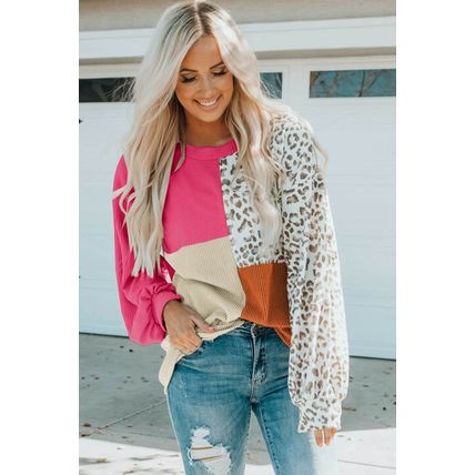 Rose Leopard Patchwork Color Block Ribbed Long Sleeve Top