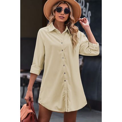Beige Corduroy Shirt Style Full Button Long Sleeve Shift Mini Dress
