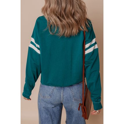 Blackish Green Contrast Striped Patchwork Round Neck Drop Shoulder Sweatshirt