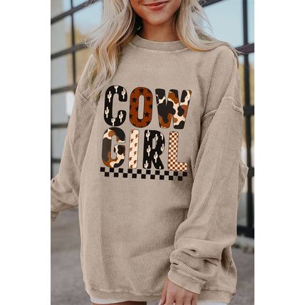 Smoke Gray Western Cowgirl Graphic Corduroy Baggy Sweatshirt