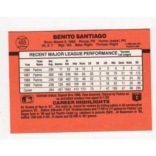 1990 Donruss Benito Santiago baseball card #465 – Padres