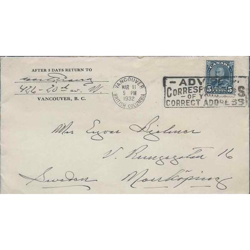 Canada Arch Leaf Issue 1932 5 Cent Letter Rate Vancouver BC to Sweden