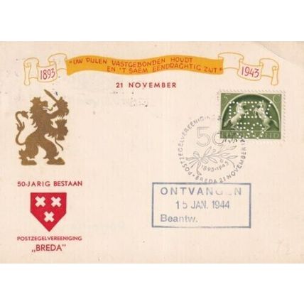Netherlands 1943 Breda anniversary Postal Card Special cancel with PZV 50 Perfin